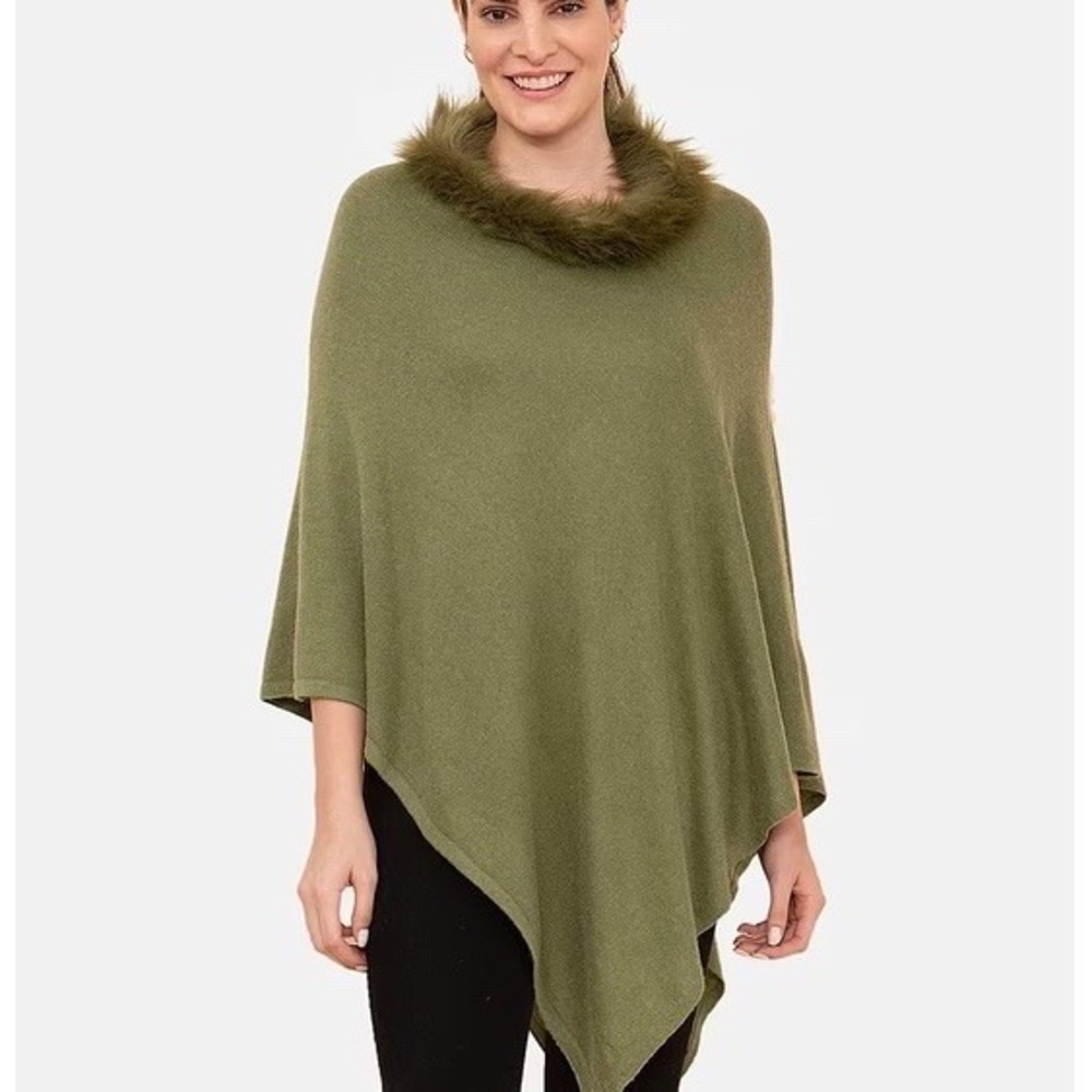 La Marey 100%‎ Cashmere Poncho Sweater Faux Fur Trim One Size Olive Green.